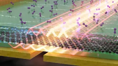 Illustration of an on-chip molecular vibration sensor based on a graphene IR detector, where phonon polaritons (bright rays) enhance the molecular fingerprint signal encoded in the photocurrent. (Credit: Dr. David Alcaraz, ICFO) Nature Communications