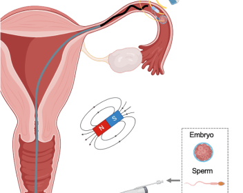 Robotic magnetic microcatheter that traverses the cervix into the vagina and fallopian tubes, actively propelling and pushing the medical tube forward, through which gametes, embryos, or medications are locally released.