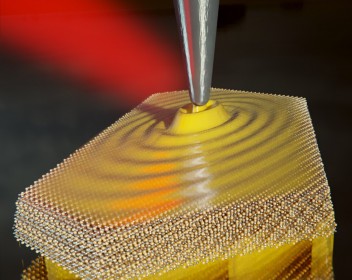 Artistic illustration of in-plane elliptical acoustic THz plasmon polaritons propagating along a thin Ag2Te platelet above an Au mirror, excited and probed by a sharp THz-illuminated metal tip (Credit: Scixel. Copyright: CIC nanoGUNE).