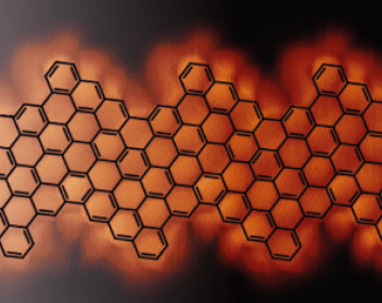 Figure of Scanning tunneling microscopy image resolving the hexagonal structure (schematically indicated by black lines) of one of the studied GNRs. The bright, localized feature at the right side reveals the emergent “exotic” state at the end of the ribbon.